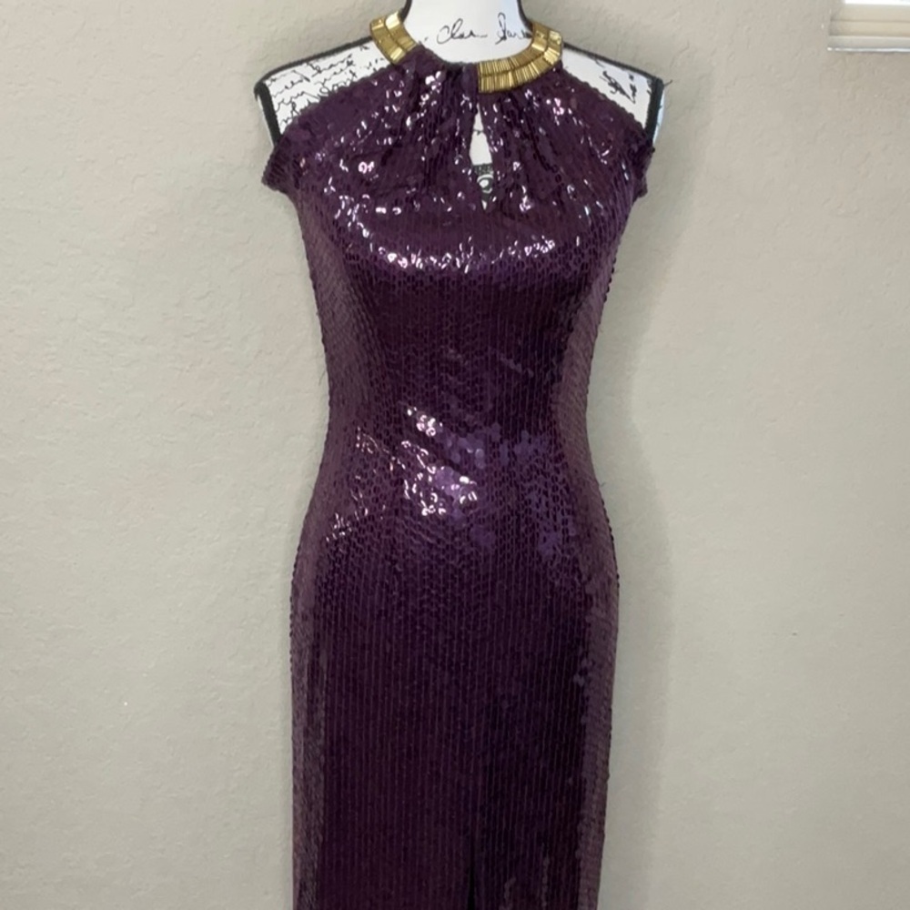 570 - Scala EUC Purple Sequin Halter Cocktail Dress, Size 4